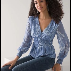 NWT WHBM L/S Button Smocked Waist Blouse, Medium